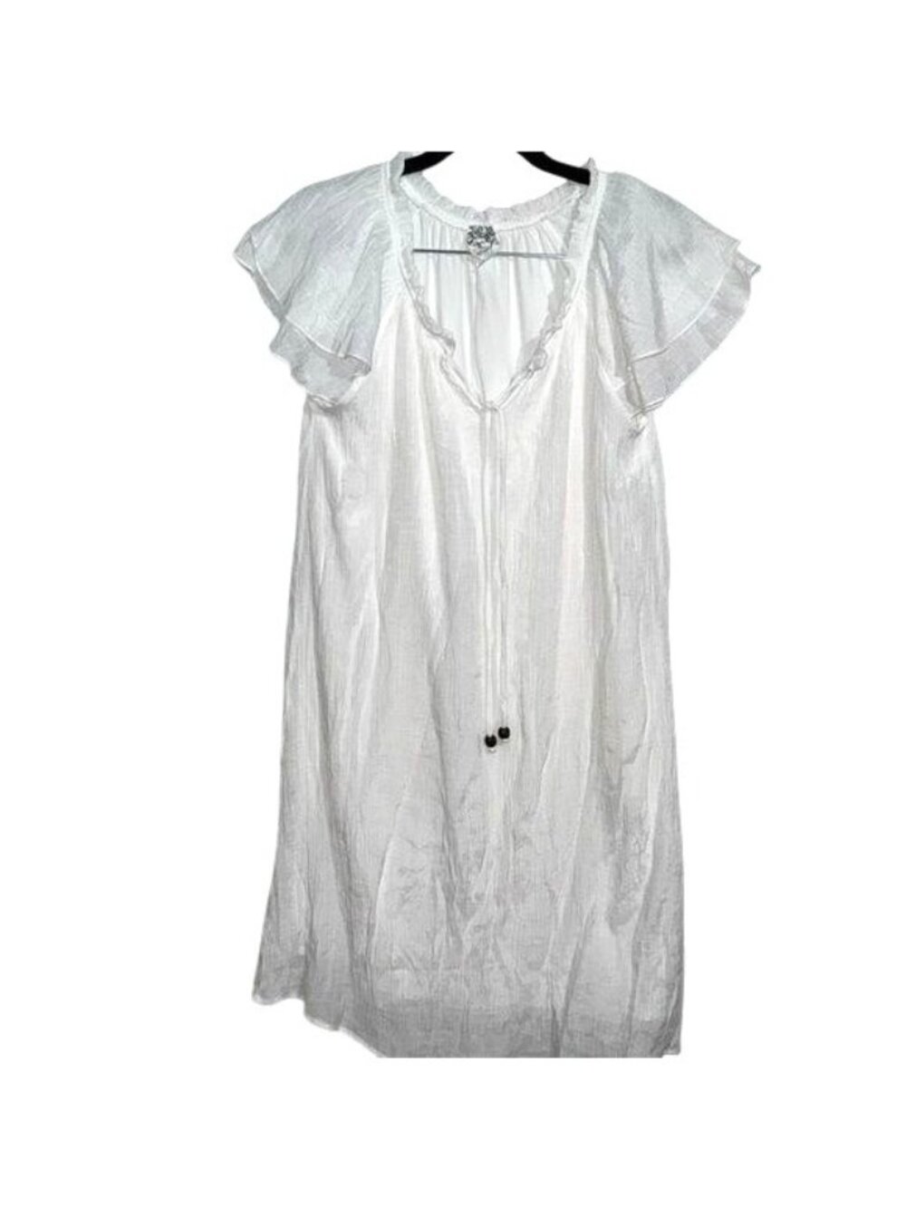 Naif S Petite White Ruffled Short-Sleeve Dress With Tie Neckline